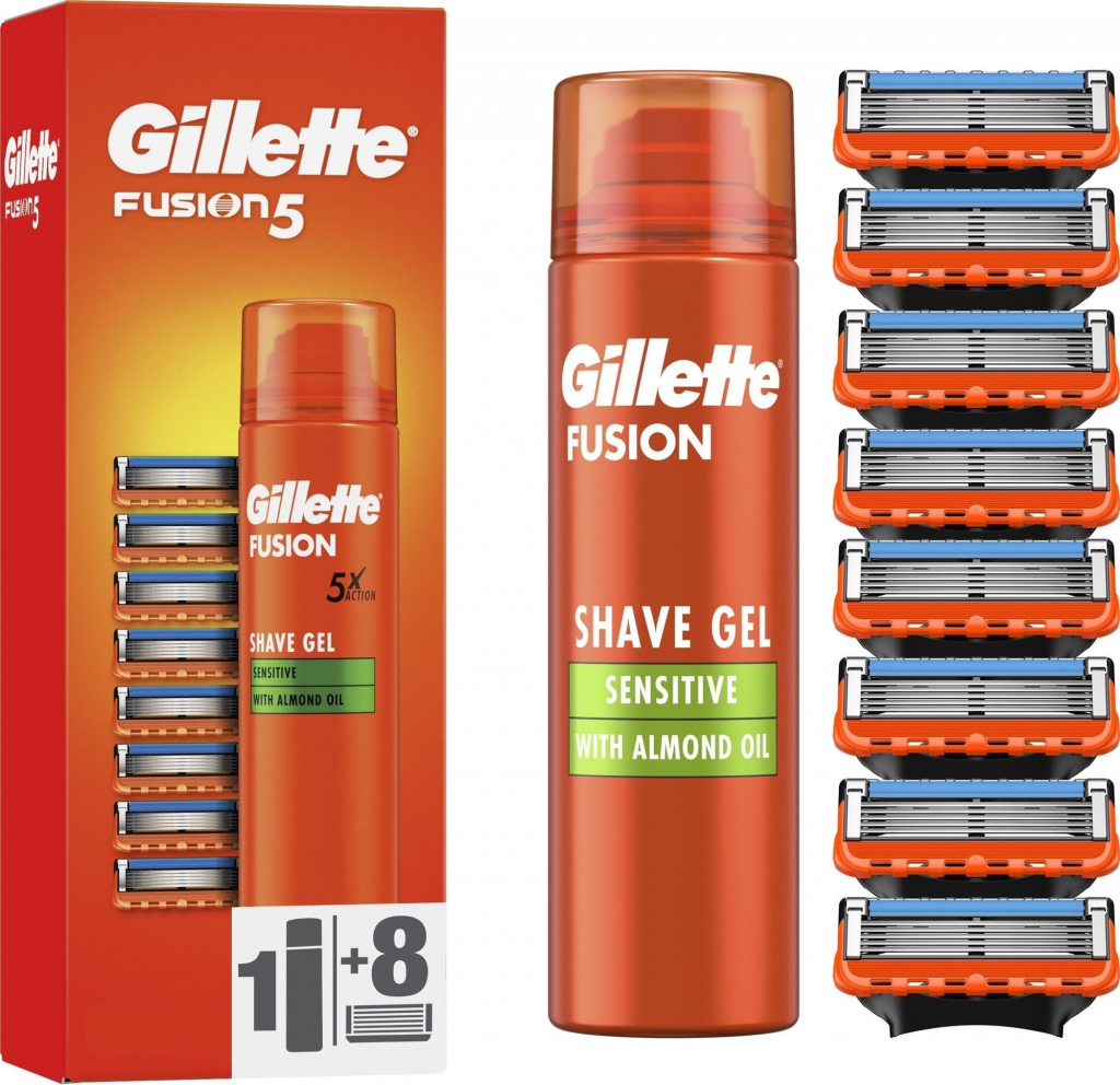 Gillette Fusion5 Fusion5 náhradní břity 8 ks + Fusion5 Ultra Sensitive gel na holení pro citlivou pleť 200 ml dárková sada