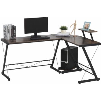 HOMCOM počítačový stůl, rohový stůl, psací stůl, kancelářský stůl, dřevotříska+kov, vintage hnědočerná, 155 x 115 x 91,5 cm