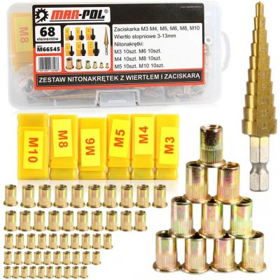 MAR-POL Nýtovací matice, nýtovací trny M3 - M10, se stupňovitým vrtákem, sada 68 ks M66545 – Zboží Mobilmania