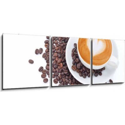 Obraz 3D třídílný - 150 x 50 cm - A cup of cafe latte and coffee beans on white Šálek kávy latte a kávových bobů na bílém