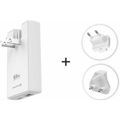 Swissten cestovní adaptér GaN USB-C + USB-A 65w výměnné vidlice (US, EU, UK) bílý 22071420 | Zboží Auto