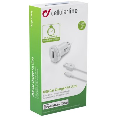 Autonabíječka CELLULARLINE Ultra v setu s datovým kabelem s konektorem Lightning, 1xUSB, 2A, bílá – Hledejceny.cz