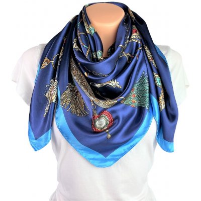 Tmavě modrý viskózový dámský šátek na krk s ornamenty růžice – Zboží Mobilmania