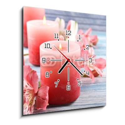 Obraz s hodinami 1D - 50 x 50 cm - Beautiful candles with flowers on wooden background Krásné svíčky s květinami na dřevěné pozadí – Zboží Mobilmania