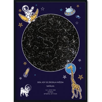 Hvězdná mapa vašeho životního okamžiku Rozměr plakátu: 40 x 50 cm, Barva pozadí: Ilustrovaná - modrá, Volba rámu: Černý dřevěný rám – Zboží Dáma