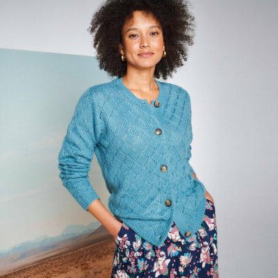 Propínací svetr s ažurovým vzorem ledově modrá – Zboží Mobilmania