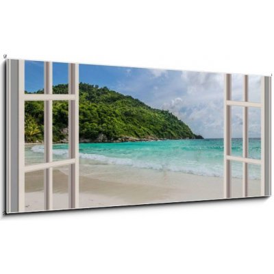 Skleněný obraz 1D panorama - 120 x 50 cm - The open window, with sea views Otevřené okno s výhledem na moře – Zbozi.Blesk.cz
