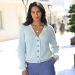 Propínací svetr z úpletu s hladkým vzorem nebeská modrá – Zboží Dáma