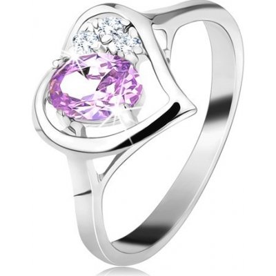 Šperky eshop lesklý prsten ve stříbrné s obrysem srdce světle fialový oválný zirkon G11.07 – Zboží Mobilmania