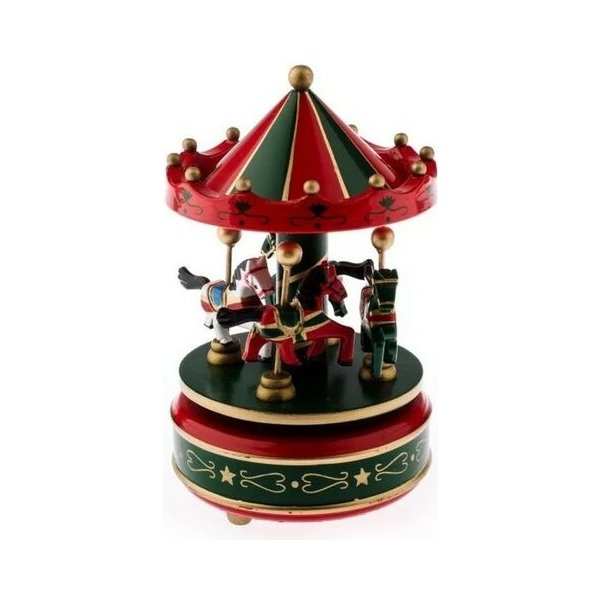 Vánoční dekorace Hrací kolotoč s koníky 10,5 x 18 x 10,5 cm červeno-zelená