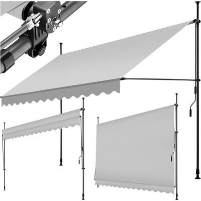 Tectake Upínací markýza s ruční klikou, výškově nastavitelná 350 x 180 cm, světle šedá – Zboží Mobilmania