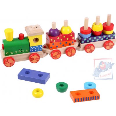 Woody dřevo Vlak navlékací set mašinka 2 vagonky Světlo Zvuk DS51622698 – Zboží Dáma
