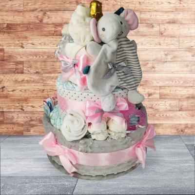 BabyDort bohatý růžový šedý třípatrový plenkový dort se slonem PREMIUM – Zbozi.Blesk.cz