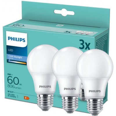 Philips 3x LED žárovka E27 A60 8W = 60W 806 lm 6500K studená bílá – Hledejceny.cz