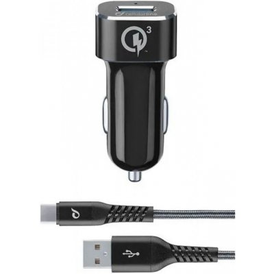 Set USB autonabíječky a USB-C kabelu CELLULARLINE Tetra Force 18W, Qualcomm Quick Charge 3.0, černý – Zbozi.Blesk.cz