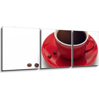 Obraz 3D třídílný - 150 x 50 cm - Red coffee cup and grain on white background Červená šálek kávy a zrna na bílém pozadí