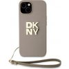 Pouzdro a kryt na mobilní telefon Apple DKNY Leather Stack Logo Wrist Strap pro iPhone 15 Beige 3666339264871