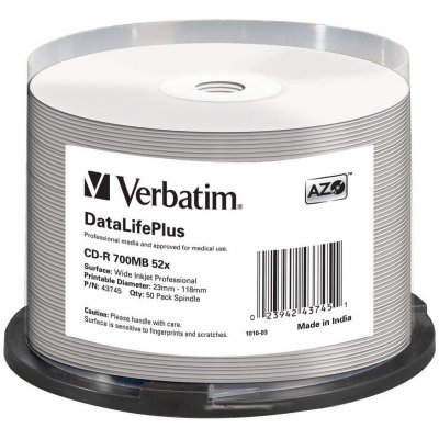 Verbatim CD-R 700MB 52x, printable, spindle, 50ks (43745) – Hledejceny.cz