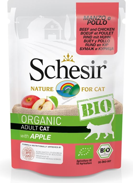 Schesir cat bio hovězí a kuřecí s jablkem 85 g