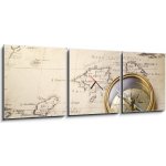 Obraz s hodinami 3D třídílný - 150 x 50 cm - old compass and rope on vintage map 1732 starý kompas a lano na vinobraní mapě 1732