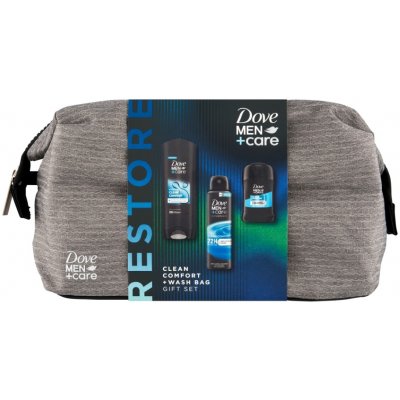 Dove Men+Care Clean Comfort Sprchový gel 250 ml, sprej 150 ml, tuhý antiperspirant 50 mll s taškou