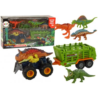 LEANToys Vozidlo s přívěsem s motivem dinosaura + 4 dinosauři hnědé