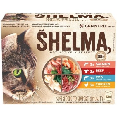 Shelma Cat kuřecí hovězí losos treska 12 x 85 g – Sleviste.cz