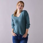 Pulovr s výstřihem do "V" hladký pletený vzor šalvějová – Sleviste.cz