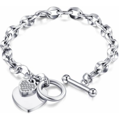 Šperky Eshop Ocelový náramek ploché srdce s malým zirkonovým srdíčkem protlačovaná očka stříbrná S79.07