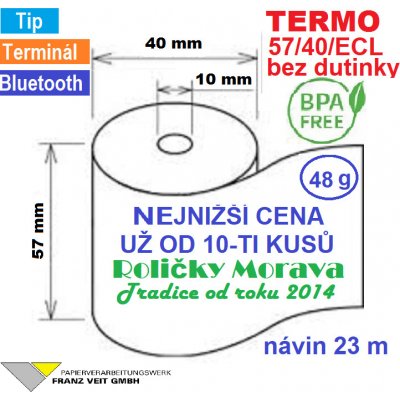 Termo kotouček 57/40/10 BPA 23m bez dutinky (57/40/ECL, 57mm x 23m) Množství: 10 ks kotoučků ve fólii – Zboží Živě