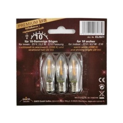 Saico Seiffen Náhradní žárovka Prémiová náhradní LED žárovka / vlnitá svíčka pro 10 světelných oblouků, tradičně v teplé bílé (2 200 K) a jasné (20 lm), vlákno LED, patice E10 23 V, 0,2 W blistr balen – Zboží Mobilmania
