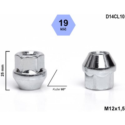 Kolová matice M12x1,5 kužel otevřená, klíč 19, D14CL10 OPEL, výška 25 mm – Zboží Mobilmania