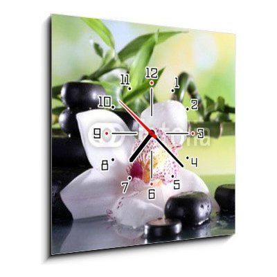 Obraz s hodinami 1D - 50 x 50 cm - Spa stones and white orchid on table on natural background Lázeňské kameny a bílá orchidej na stole na přírodním pozadí – Zboží Mobilmania
