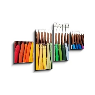 Obraz 4D čtyřdílný - 100 x 60 cm - Rainbow colors, clothes on wooden hangers Duhové barvy, oblečení na dřevěných věšácích – Zboží Mobilmania