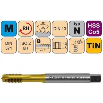 NÁSTROJE CZ Závitník strojní M5x0,8 ISO2 HSSCo5 TiN DIN 371 B - 1510 - CZZ1510-M5-ISO2 – Zboží Mobilmania