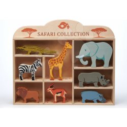 Tender Leaf Toys dřevěná divoká zvířátka na poličce 8 ks Safari set krokodýl slon zebra antilopa žirafa nosorožec hroch lev