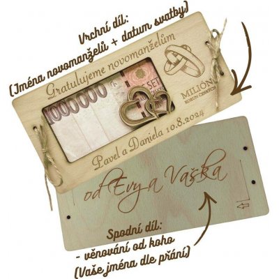 Dekorace z Česka Svatební dřevěné přání - Milion korun Nápis: Vlastní jména + věnování od koho na spodní díl + PLATBA PŘEDEM! – Zboží Dáma