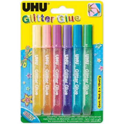 UHU Glitter Glue Shiny 6 x 10 ml Sada gelových lepidel v extra zářivých barvách pro kreativní práci