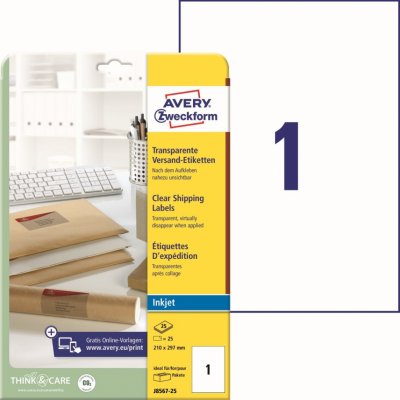 Avery Zweckform Adresní etikety QuickPEEL 25 listů A4 transparentní 210 x 297 mm pro inkoust J8567-25 – Zboží Mobilmania