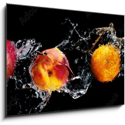 Obraz 1D - 100 x 70 cm - Set of fresh fruits in water splash isolated on black background Sada čerstvého ovoce v stříkající vodě izolované na černém pozadí – Zbozi.Blesk.cz