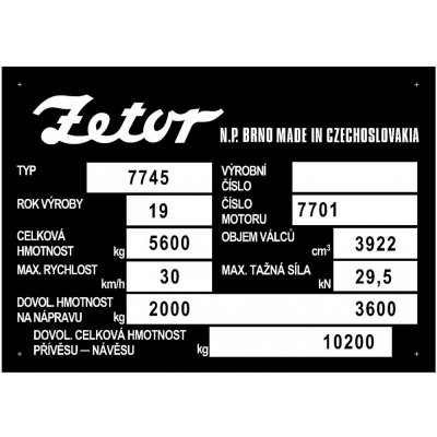 Výrobní štítek Zetor 7745 30km – Hledejceny.cz