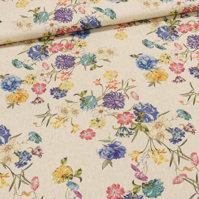 Bavlněné plátno MARI 1, luční květiny na režné, vyšší gramáž, š.140cm (látka v metráži) – Sleviste.cz