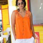 Top s knoflíky a macramé oranžová – Zboží Dáma