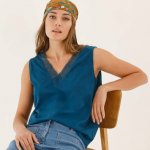 Top s výstřihem do V a krajkou petrolejová – Hledejceny.cz
