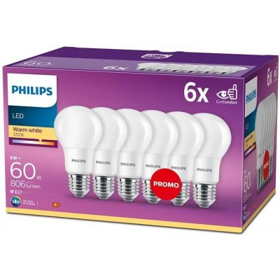 Philips Sada 6x LED žárovka LED E27 A60 8W = 60W 806lm 2700K Teplá bílá 200° PHICLAJ0305 – Zboží Mobilmania