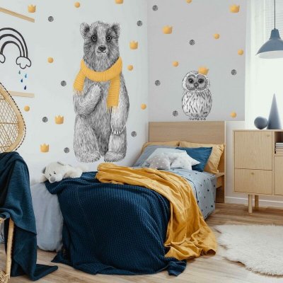 INSPIO Samolepka Velký nalepovací medvěd v černobílé barvě se zlatými doplňky a sovou medvědi a sovy černá, žlutá, zlatá rozměry 150x90 – Zboží Mobilmania