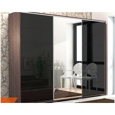 Skapski A32 278 x 245 x 62 cm se zrcadlem vysoký lesk čokoláda / lacobel černý