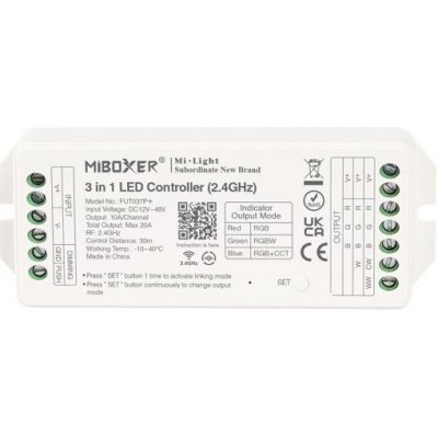 Mi-Light, POWER LED přijímač 3v1 pro RGB/RGBW/RGB+CCT LED pásky, Boxer, 2,4Ghz, 12-48VDC, 20A, Mi-light, FUT037P+ – Zbozi.Blesk.cz