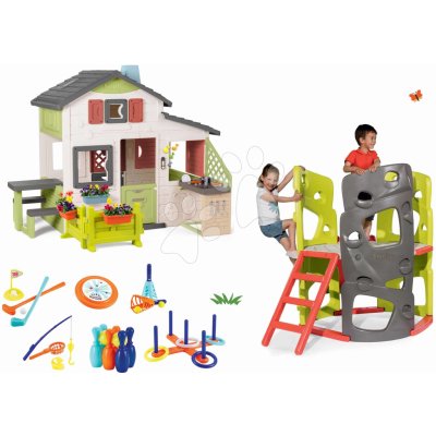 Smoby Set domeček Přátel s předzahrádkou a prolézačka s lezeckými stěnami Friends House Life rozšiřitelný a skluzavka 150 cm a kuchyňka se sportovním setem – Zboží Dáma