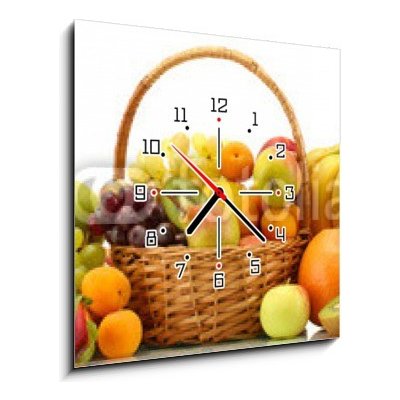 Obraz s hodinami 1D - 50 x 50 cm - Assortment of exotic fruits in basket isolated on white Sortiment exotických ovoce v koši izolovaných na bílém
